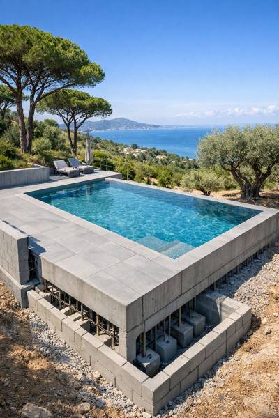 Piscine moderne monobloc sur un terrain en pente à Gassin