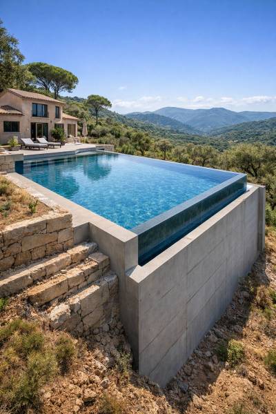Piscine débordement carrelée bleue avec vue exceptionnelle sur le Var