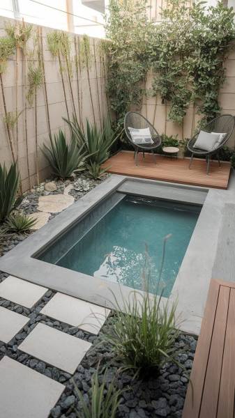 Mini piscine au design épuré avec finitions sur mesure. L'expertise technique Batibloc adaptée aux exigences des projets résidentiels contemporains.
