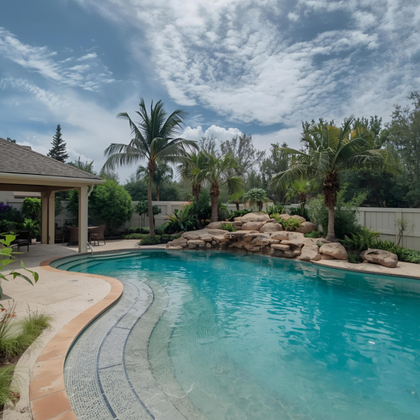 Piscine lagon turquoise et plage aménagée en pierre naturelle